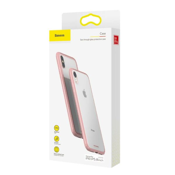 Baseus iPhone XS tok, átlátszó, oldalkerettel, rózsaszín (WIAPIPH58-YS04)