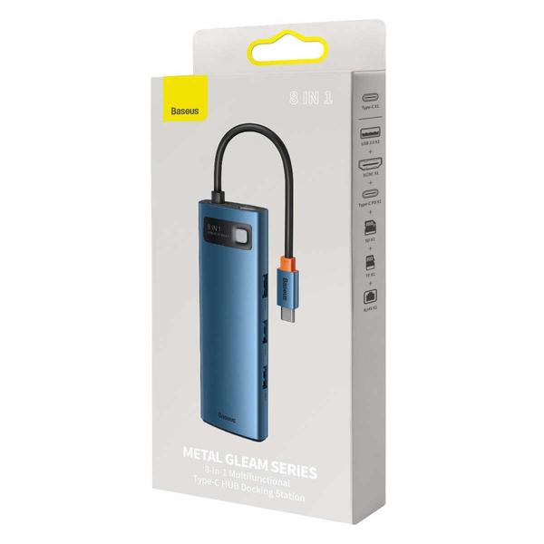 Baseus HUB Metal Gleam Series 8-in-1 Type-C Multifunkciós (HDMI, USB2.0, USB3.0, RJ-45, SD+MicroSD) Dokkoló, kék (WKWG000103)