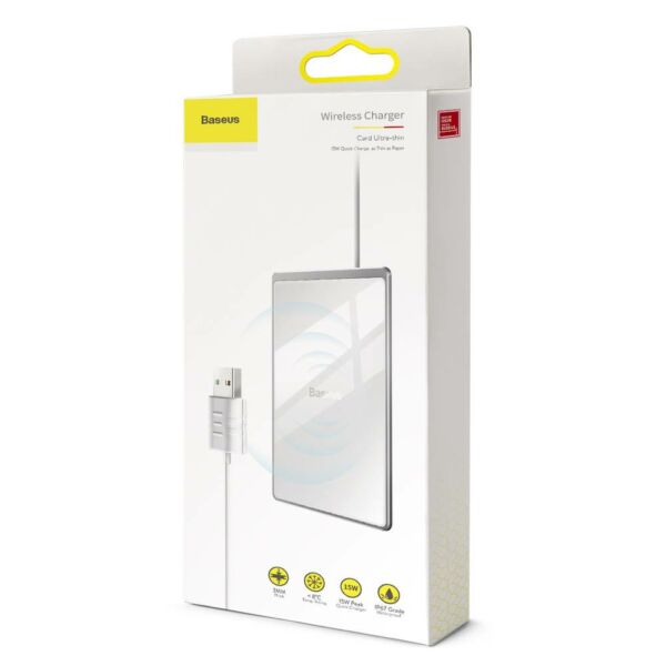 Baseus vezeték nélküli töltő, Ultra-thin Card 15W (beépített 1m USB kábellel), ezüst/fehér (WX01B-S2)