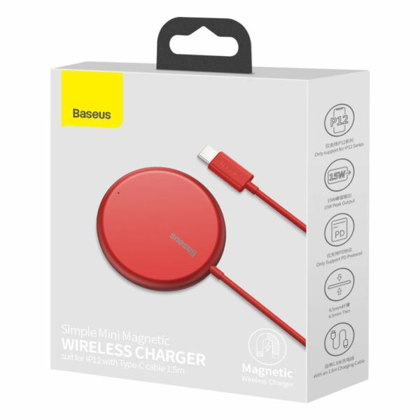 Baseus vezeték nélküli töltő, Simple Magnetic Mini, iPhone 12 modellhez Type-C kábellel 1.5m, 15W, piros (WXJK-H09)