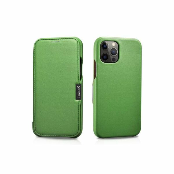 iCarer iPhone 12/12 Pro (6.1) tok, Luxury Leather Sorozat oldalt nyíló (fémcsattal az elején), zöld