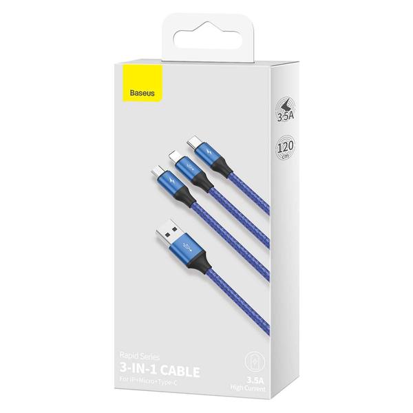 Baseus Univerzális kábel, Rapid 3-in-1, USB - Type-C / Lightning / micro USB, 1.2m, kék (CAJS000003)