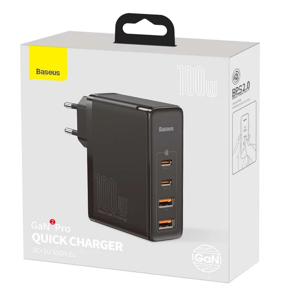 Baseus hálózati töltő, GaN2 Pro Gyors töltő, C+C+U+U, PD 3.0, gyors töltő 4.0, 100W, fekete (CCGAN2P-B02)