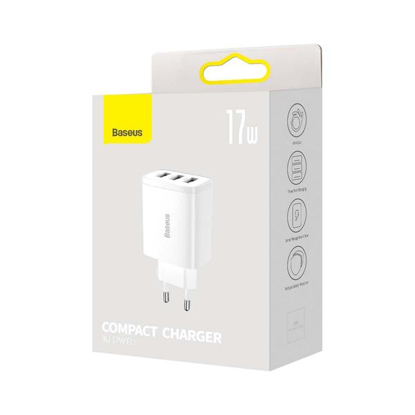 Baseus hálózati töltő, Compact töltő U+U+U, 17W, EU, fehér (CCXJ020102)