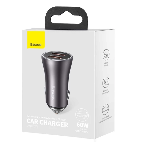 Baseus autós töltő, Golden Contractor Max Dupla gyors töltő U+U, 60W, sötét szürke (CGJM000013)