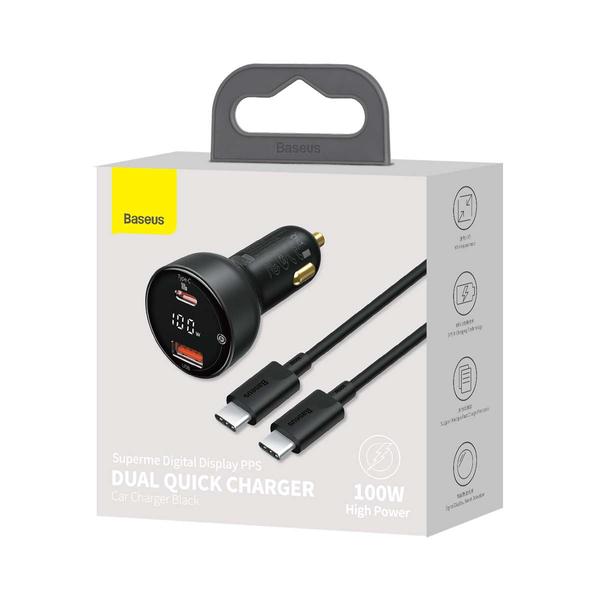 Baseus autós töltő, Supreme gyors töltés U+C, PD 3.0, gyors töltő 3.0, SCP FCP AFC (Type-C - Type-C kábellel, 100W (20V/5A) 1m) 100W, fekete (TZCCZX-01)