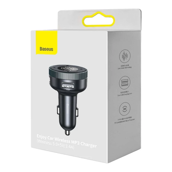 Baseus autós töltő, Bluetooth Fm Transmitter Enjoy Car, LED kijelzővel, vezeték nélküli, U+U+3,5mm audio+TF MP3 Charger, BT 5.0, 3.4A, fekete (CCLH-01)