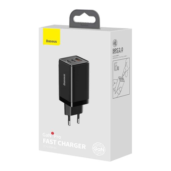 Baseus hálózati töltő, GaN3 Pro Gyors töltő, C+C+U, PD3.0, gyors töltés 4.0 +, AFC (Type-C - Type-C kábellel, 1m) 65W, fekete (CCGP050101)
