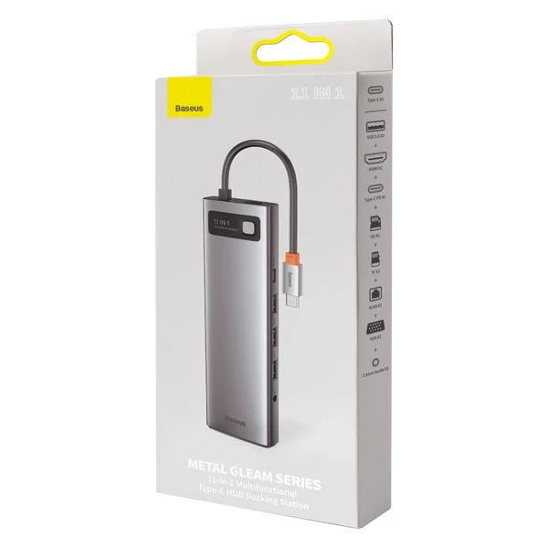 Baseus HUB Metal Gleam Series 11-in-1 Multifunkciós (Type-C to 3xUSB3.2/PD 100W/3,5 mm Jack/VGA Full HD 60Hz/2xHDMI 4K/TF+SD card/ RJ45) Dokkoló, szürke (CAHUB-CT0G)