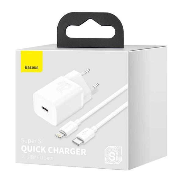 Baseus hálózati töltő szett Super Si 1C QC, Type-C – Lightning kábellel 1m, 20W, fehér (TZCCSUP-B02)