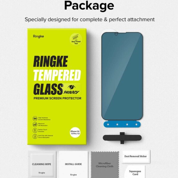 Ringke iPhone 14/13/13 Pro kijelzővédő, edzett üveg, betekintés elleni védelem, felhelyező sablonnal, Fekete
