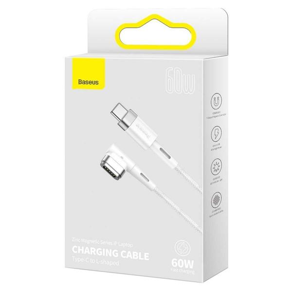 Baseus MacBook töltő, MagSafe Zinc, L-alakú, szögletes, mágneses töltő kábel MacBook Power - USB Type-C, 60W, 2m, fehér (CATXC-V02)