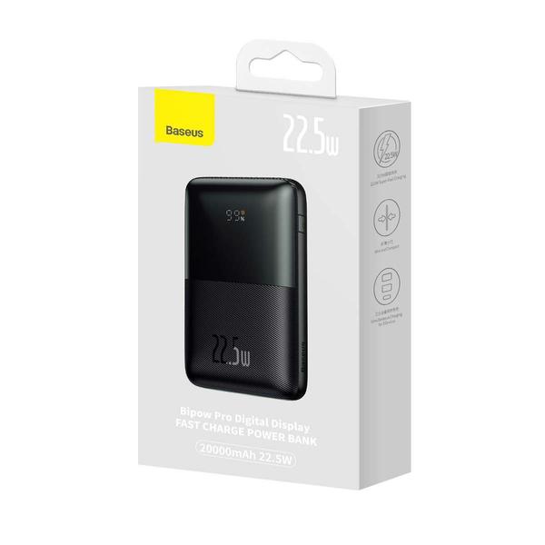 Baseus Power Bank Pro digitális kijelzővel, gyors töltés, U+U+C ( USB-A -Type-C, 3A, 0,3m kábellel) 22,5W, 20000mAh, fekete (PPBD040301)